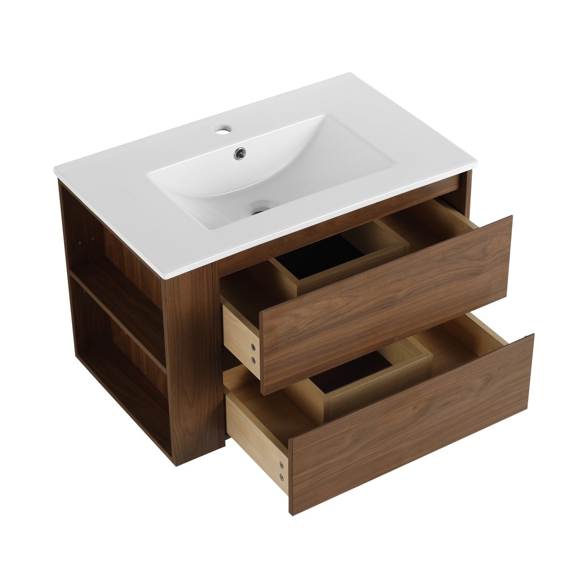 Allsumhome 30" Wall Mounting Floating Bathroom Vanity With Ceramic Sink,Brown Oak Finish,2 - Soft Close Drawer