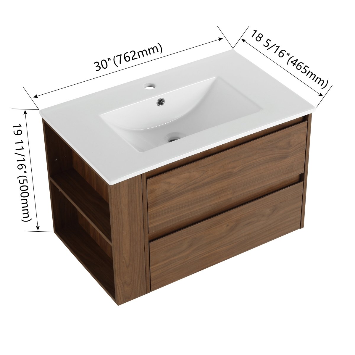 Allsumhome 30" Wall Mounting Floating Bathroom Vanity With Ceramic Sink,Brown Oak Finish,2 - Soft Close Drawer