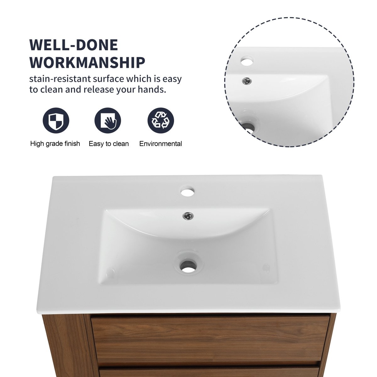 Allsumhome 30" Wall Mounting Floating Bathroom Vanity With Ceramic Sink,Brown Oak Finish,2 - Soft Close Drawer