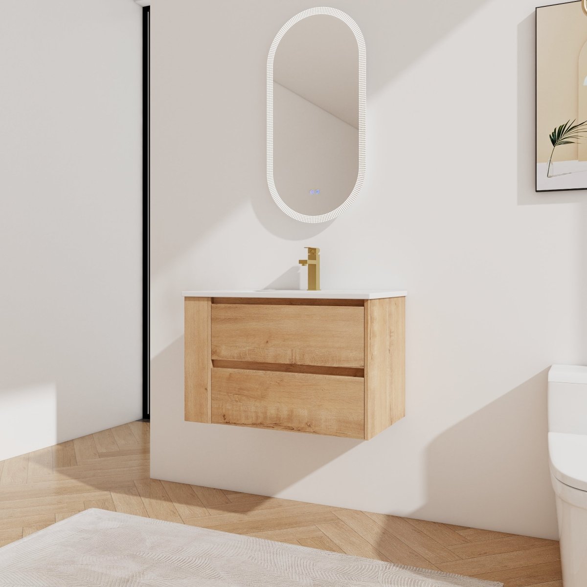 Allsumhome 30" Wall Mounting Floating Bathroom Vanity With Ceramic Sink,Imitative Oak Finish,2 - Soft Close Drawer