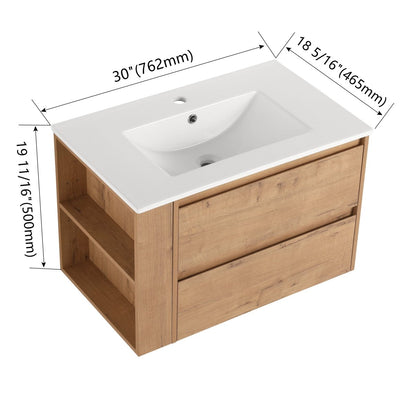 Allsumhome 30" Wall Mounting Floating Bathroom Vanity With Ceramic Sink,Imitative Oak Finish,2 - Soft Close Drawer