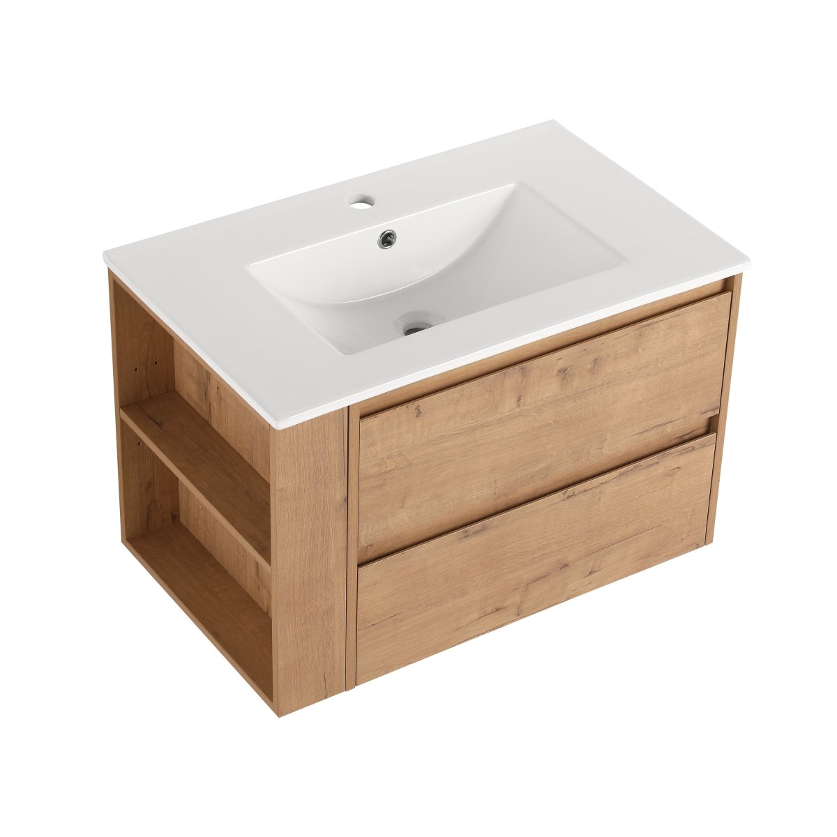 Allsumhome 30" Wall Mounting Floating Bathroom Vanity With Ceramic Sink,Imitative Oak Finish,2 - Soft Close Drawer