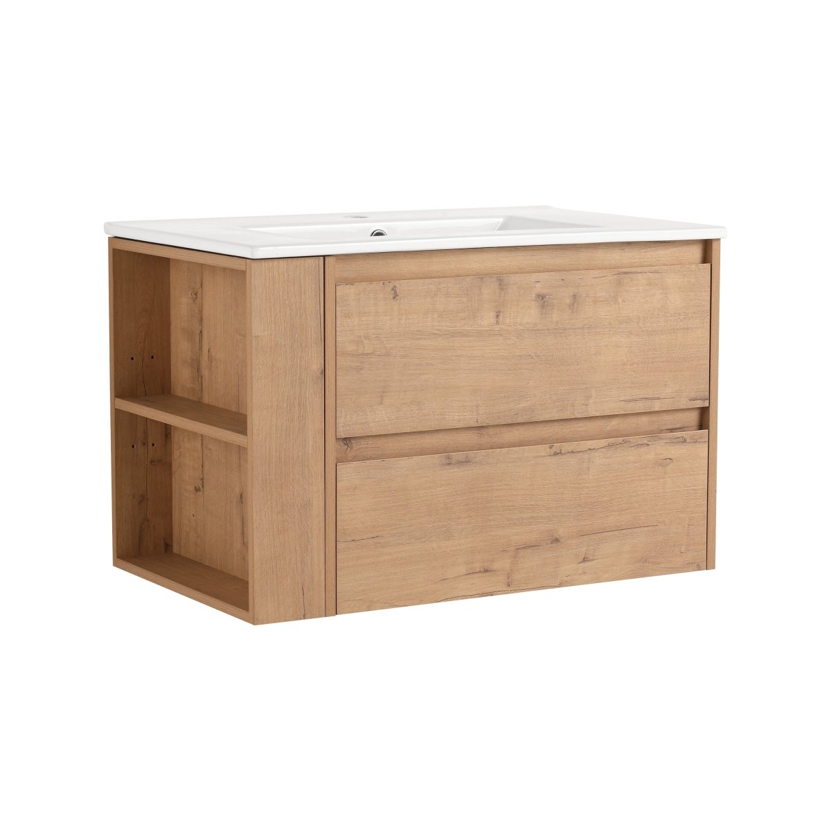 Allsumhome 30" Wall Mounting Floating Bathroom Vanity With Ceramic Sink,Imitative Oak Finish,2 - Soft Close Drawer