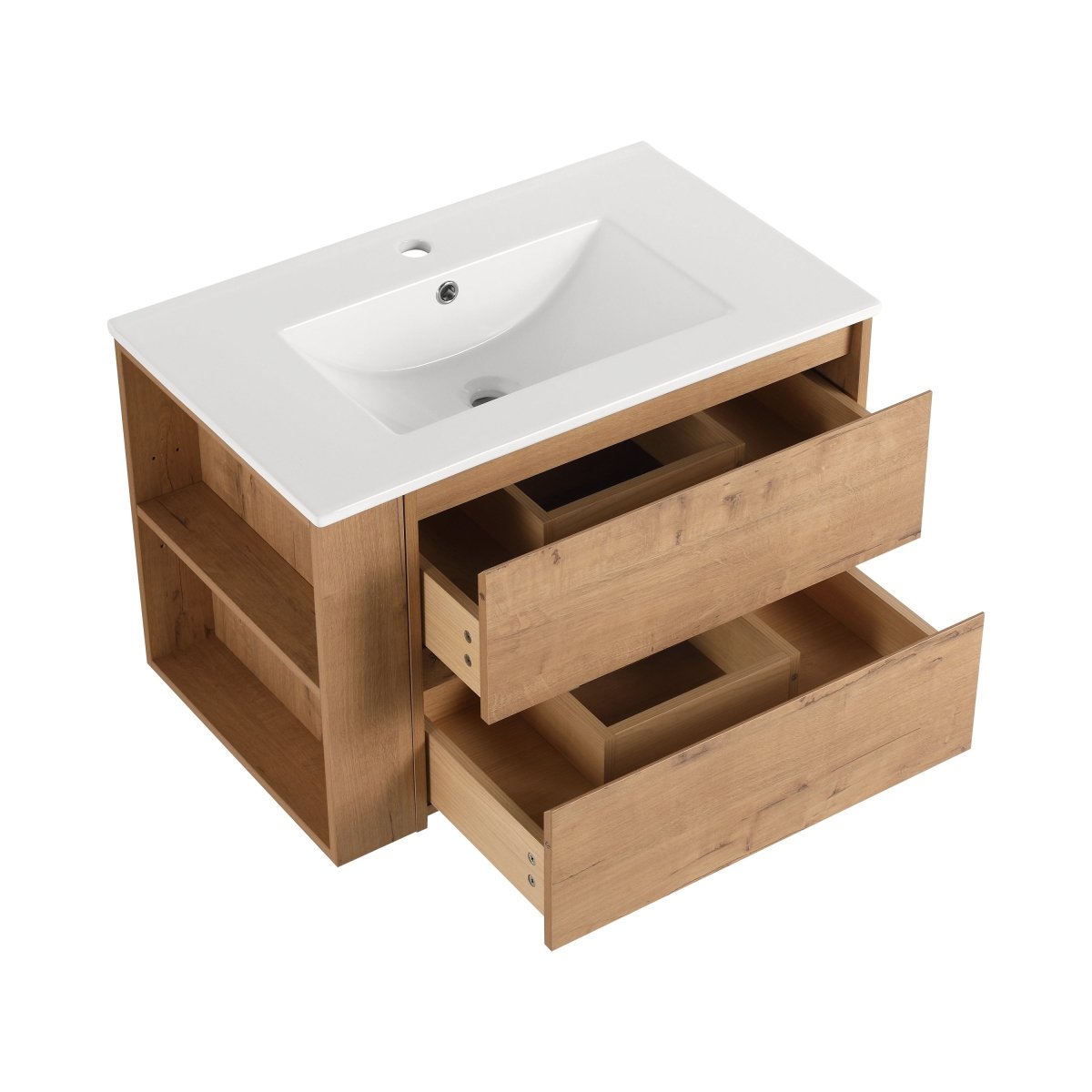 Allsumhome 30" Wall Mounting Floating Bathroom Vanity With Ceramic Sink,Imitative Oak Finish,2 - Soft Close Drawer