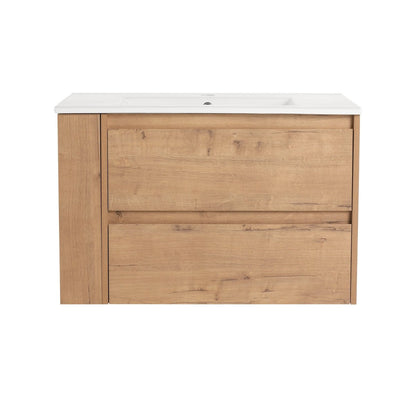 Allsumhome 30" Wall Mounting Floating Bathroom Vanity With Ceramic Sink,Imitative Oak Finish,2 - Soft Close Drawer