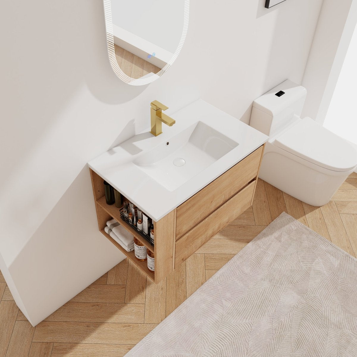 Allsumhome 30" Wall Mounting Floating Bathroom Vanity With Ceramic Sink,Imitative Oak Finish,2 - Soft Close Drawer