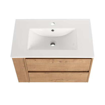 Allsumhome 30" Wall Mounting Floating Bathroom Vanity With Ceramic Sink,Imitative Oak Finish,2 - Soft Close Drawer