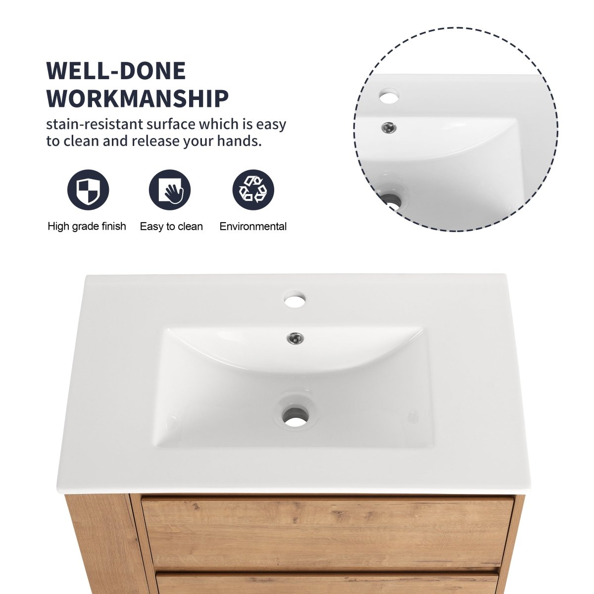 Allsumhome 30" Wall Mounting Floating Bathroom Vanity With Ceramic Sink,Imitative Oak Finish,2 - Soft Close Drawer