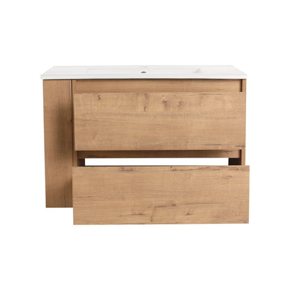 Allsumhome 30" Wall Mounting Floating Bathroom Vanity With Ceramic Sink,Imitative Oak Finish,2 - Soft Close Drawer