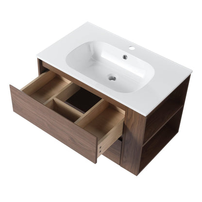 Allsumhome 30" Wall Mounting Floating Bathroom Vanity With Gel Sink,Brown Oak Finish,Soft Close Drawer