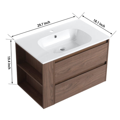 Allsumhome 30" Wall Mounting Floating Bathroom Vanity With Gel Sink,Brown Oak Finish,Soft Close Drawer