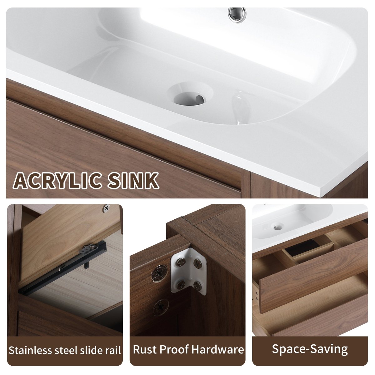 Allsumhome 30" Wall Mounting Floating Bathroom Vanity With Gel Sink,Brown Oak Finish,Soft Close Drawer