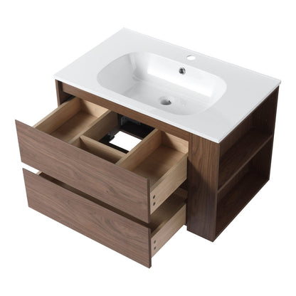 Allsumhome 30" Wall Mounting Floating Bathroom Vanity With Gel Sink,Brown Oak Finish,Soft Close Drawer