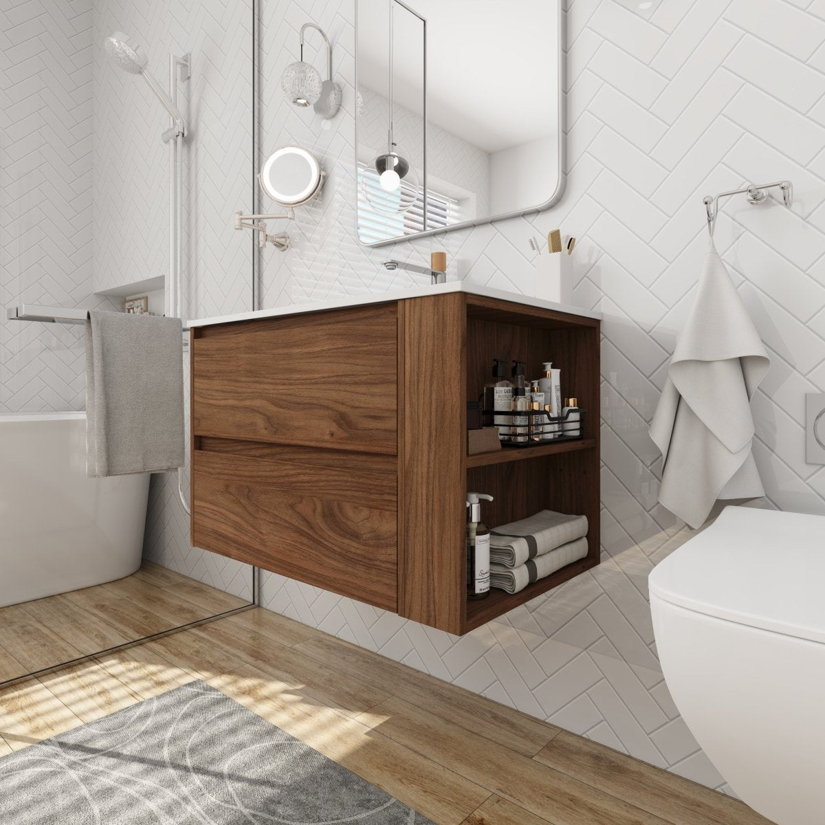 Allsumhome 30" Wall Mounting Floating Bathroom Vanity With Gel Sink,Brown Oak Finish,Soft Close Drawer