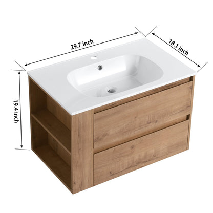 Allsumhome 30" Wall Mounting Floating Bathroom Vanity With Gel Sink,Imitative Oak Finish,Soft Close Drawer