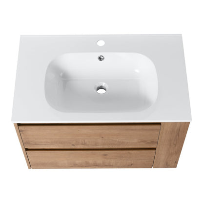 Allsumhome 30" Wall Mounting Floating Bathroom Vanity With Gel Sink,Imitative Oak Finish,Soft Close Drawer