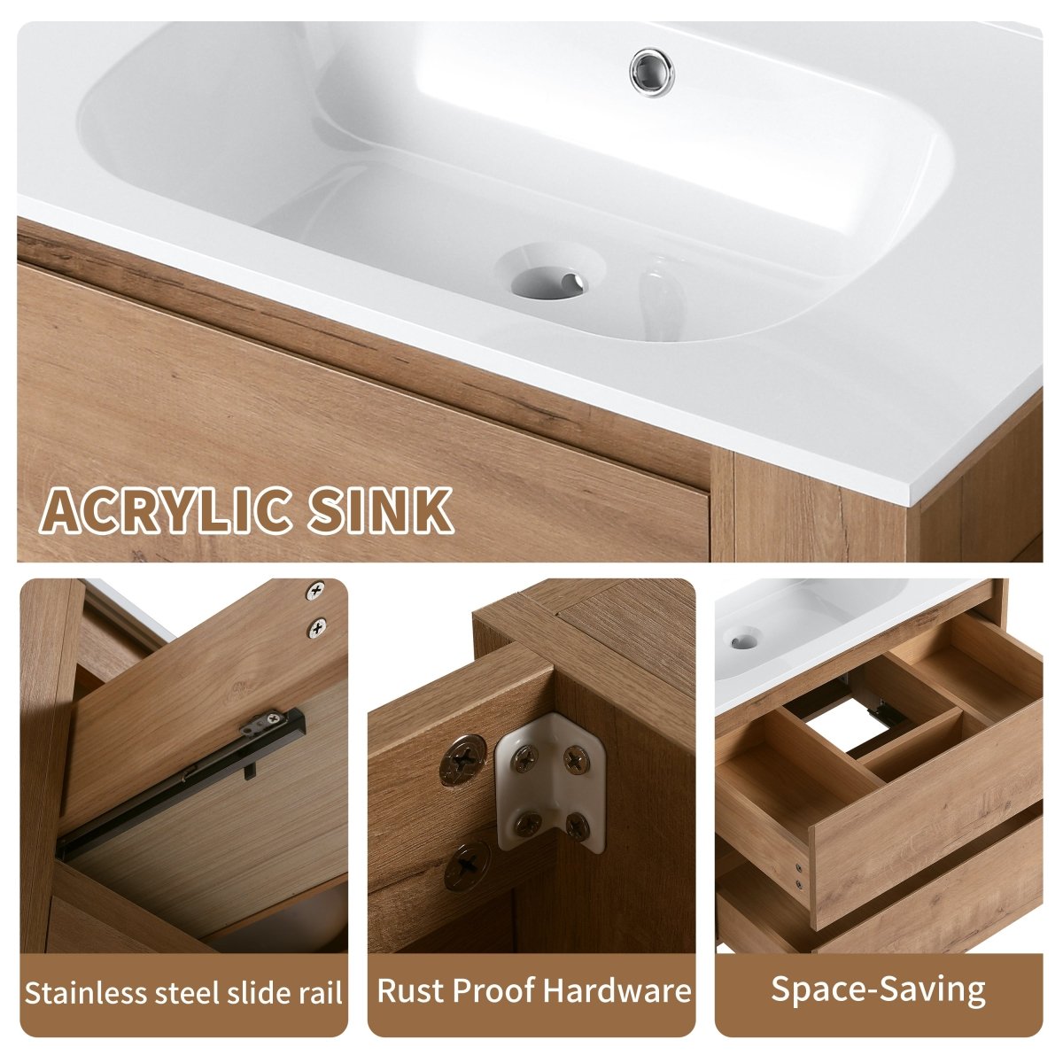 Allsumhome 30" Wall Mounting Floating Bathroom Vanity With Gel Sink,Imitative Oak Finish,Soft Close Drawer