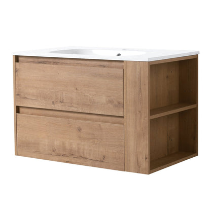 Allsumhome 30" Wall Mounting Floating Bathroom Vanity With Gel Sink,Imitative Oak Finish,Soft Close Drawer