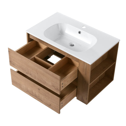 Allsumhome 30" Wall Mounting Floating Bathroom Vanity With Gel Sink,Imitative Oak Finish,Soft Close Drawer