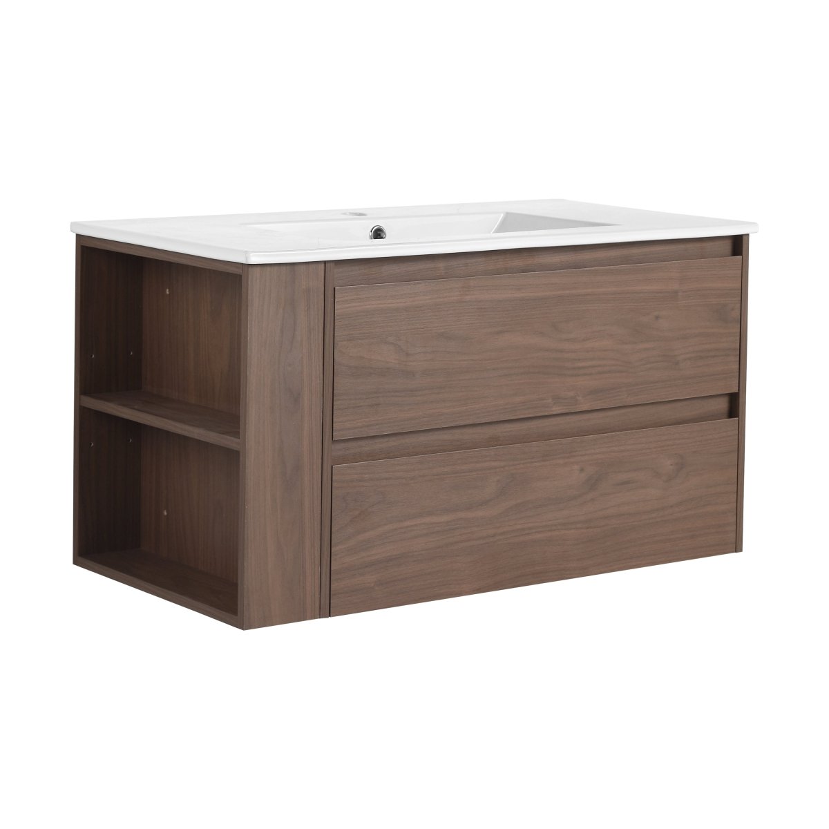 Allsumhome 36" Wall Mounting Floating Bathroom Vanity With Ceramic Sink,Brown Oak Finish,Soft Close Drawer