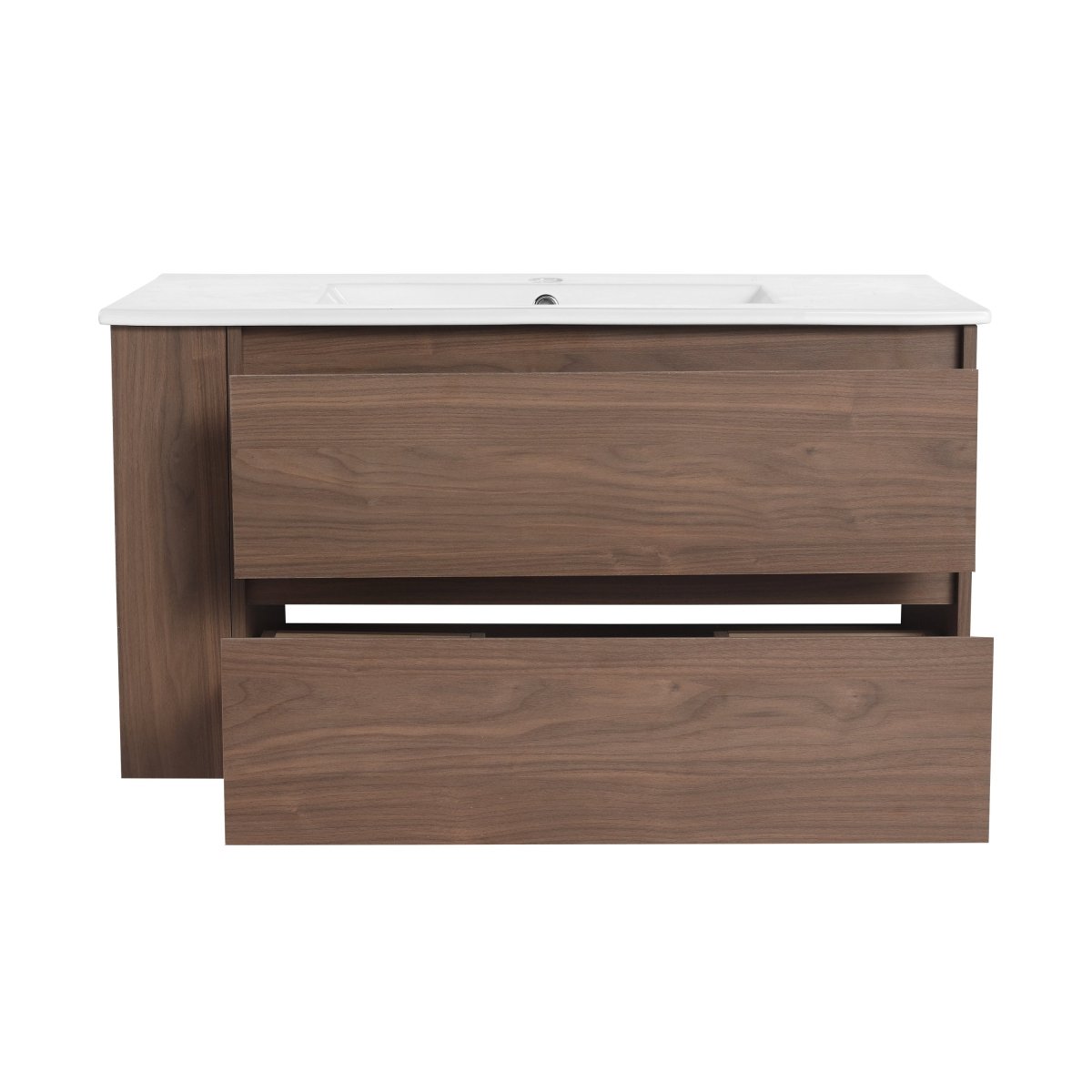 Allsumhome 36" Wall Mounting Floating Bathroom Vanity With Ceramic Sink,Brown Oak Finish,Soft Close Drawer