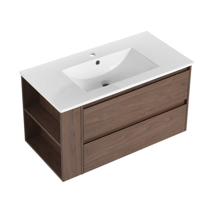 Allsumhome 36" Wall Mounting Floating Bathroom Vanity With Ceramic Sink,Brown Oak Finish,Soft Close Drawer