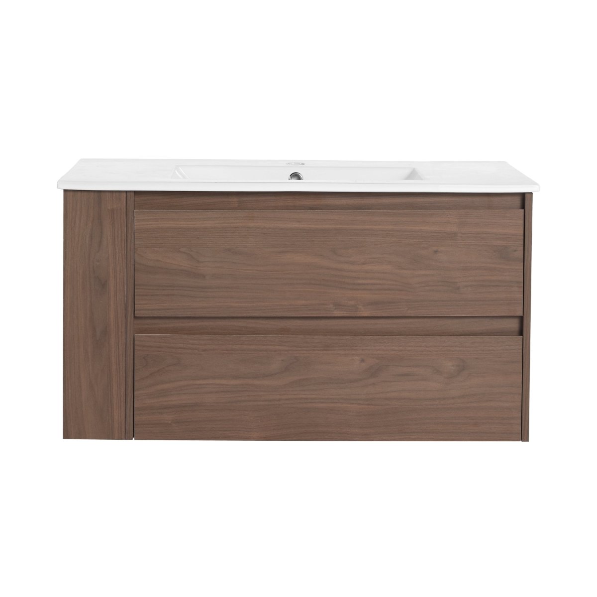 Allsumhome 36" Wall Mounting Floating Bathroom Vanity With Ceramic Sink,Brown Oak Finish,Soft Close Drawer