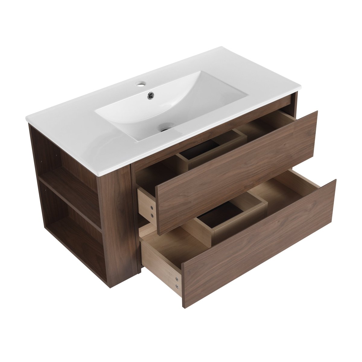 Allsumhome 36" Wall Mounting Floating Bathroom Vanity With Ceramic Sink,Brown Oak Finish,Soft Close Drawer