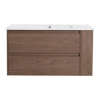 Allsumhome 36" Wall Mounting Floating Bathroom Vanity With Ceramic Sink,Brown Oak Finish,Soft Close Drawer