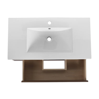 Allsumhome 36" Wall Mounting Floating Bathroom Vanity With Ceramic Sink,Brown Oak Finish,Soft Close Drawer