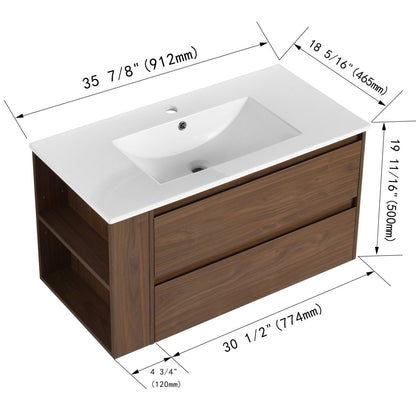 Allsumhome 36" Wall Mounting Floating Bathroom Vanity With Ceramic Sink,Brown Oak Finish,Soft Close Drawer