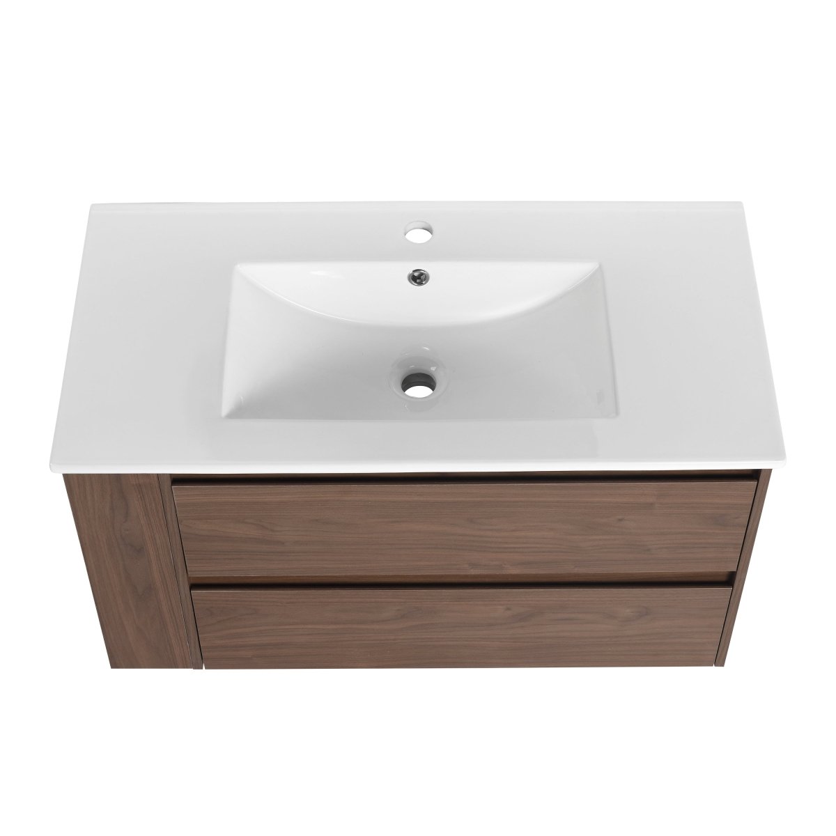 Allsumhome 36" Wall Mounting Floating Bathroom Vanity With Ceramic Sink,Brown Oak Finish,Soft Close Drawer