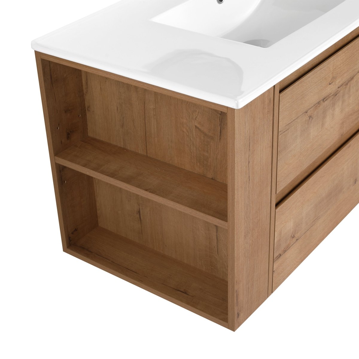 Allsumhome 36" Wall Mounting Floating Bathroom Vanity With Ceramic Sink,Imitative Oak Finish,Soft Close Drawer