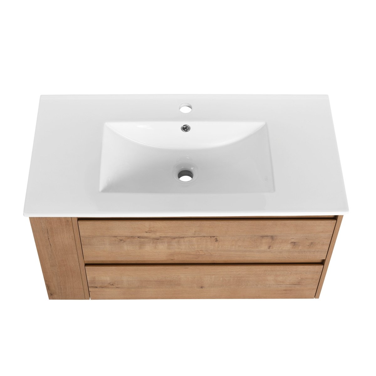 Allsumhome 36" Wall Mounting Floating Bathroom Vanity With Ceramic Sink,Imitative Oak Finish,Soft Close Drawer