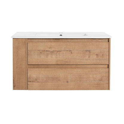 Allsumhome 36" Wall Mounting Floating Bathroom Vanity With Ceramic Sink,Imitative Oak Finish,Soft Close Drawer