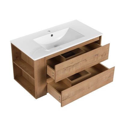 Allsumhome 36" Wall Mounting Floating Bathroom Vanity With Ceramic Sink,Imitative Oak Finish,Soft Close Drawer