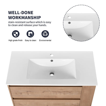 Allsumhome 36" Wall Mounting Floating Bathroom Vanity With Ceramic Sink,Imitative Oak Finish,Soft Close Drawer