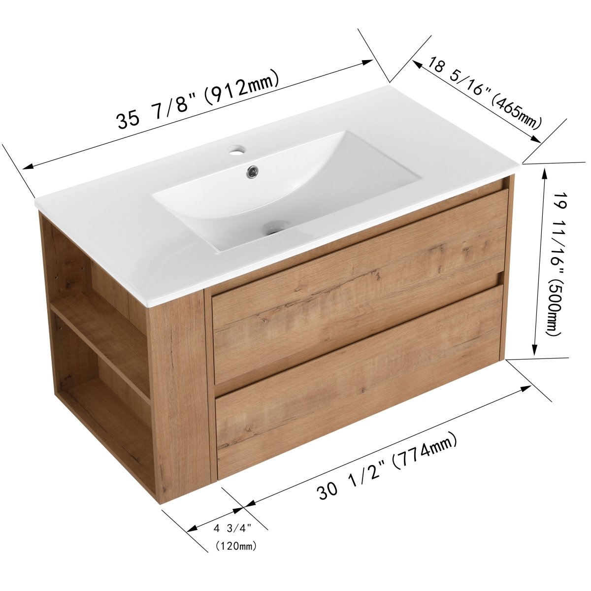 Allsumhome 36" Wall Mounting Floating Bathroom Vanity With Ceramic Sink,Imitative Oak Finish,Soft Close Drawer