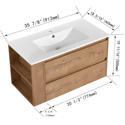 Allsumhome 36" Wall Mounting Floating Bathroom Vanity With Ceramic Sink,Imitative Oak Finish,Soft Close Drawer