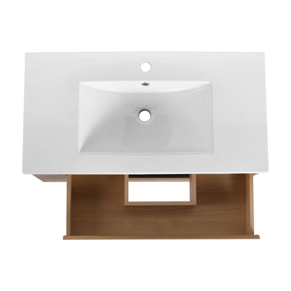 Allsumhome 36" Wall Mounting Floating Bathroom Vanity With Ceramic Sink,Imitative Oak Finish,Soft Close Drawer