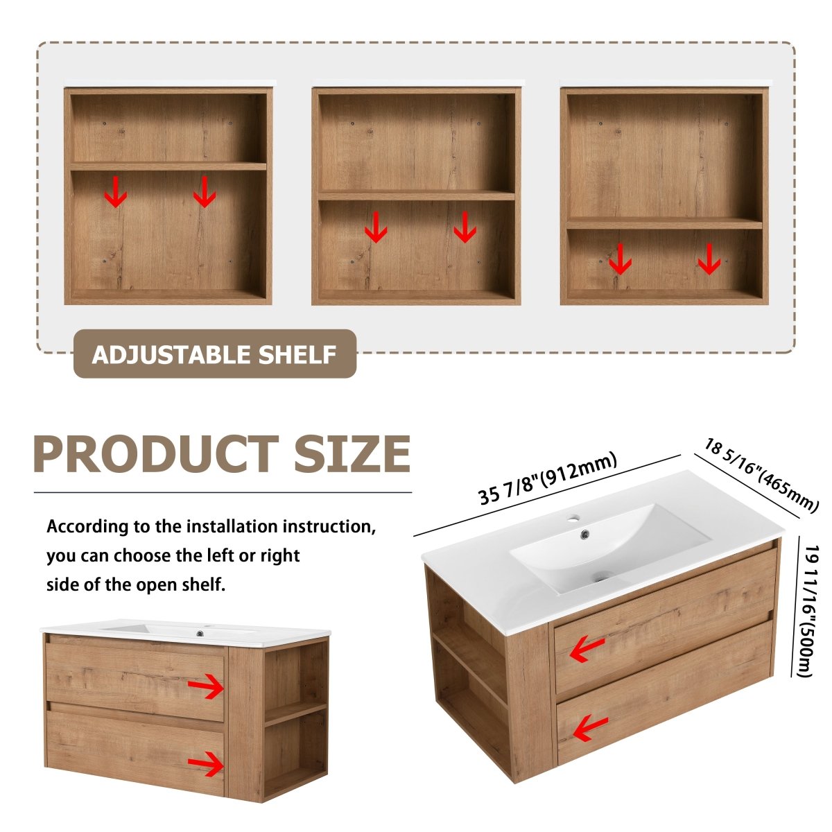 Allsumhome 36" Wall Mounting Floating Bathroom Vanity With Ceramic Sink,Imitative Oak Finish,Soft Close Drawer