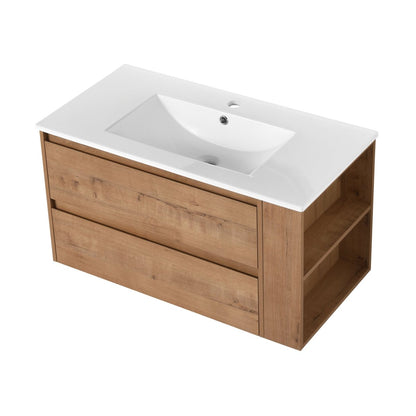 Allsumhome 36" Wall Mounting Floating Bathroom Vanity With Ceramic Sink,Imitative Oak Finish,Soft Close Drawer