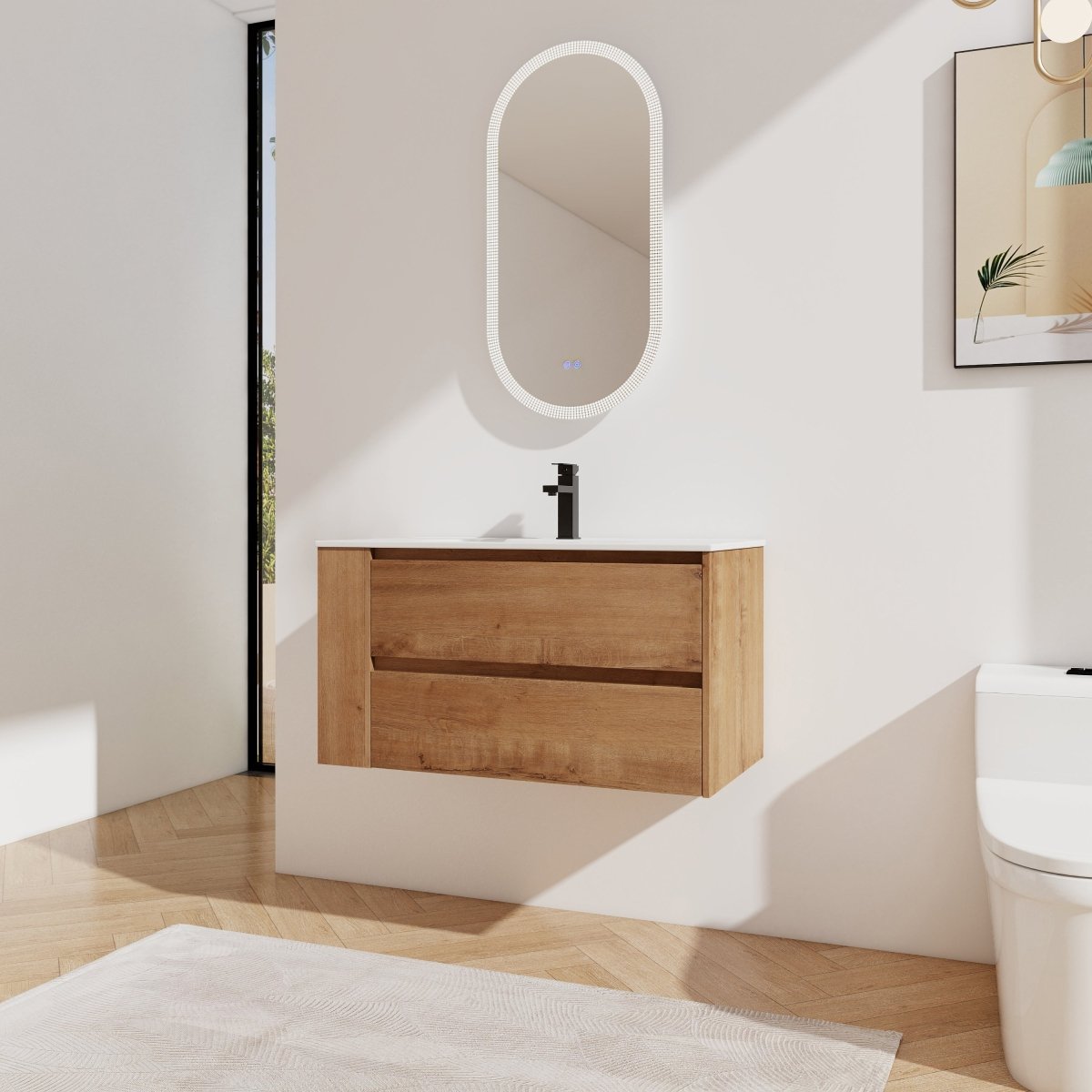 Allsumhome 36" Wall Mounting Floating Bathroom Vanity With Ceramic Sink,Imitative Oak Finish,Soft Close Drawer