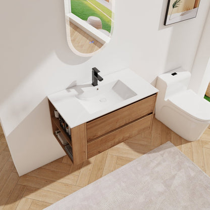 Allsumhome 36" Wall Mounting Floating Bathroom Vanity With Ceramic Sink,Imitative Oak Finish,Soft Close Drawer