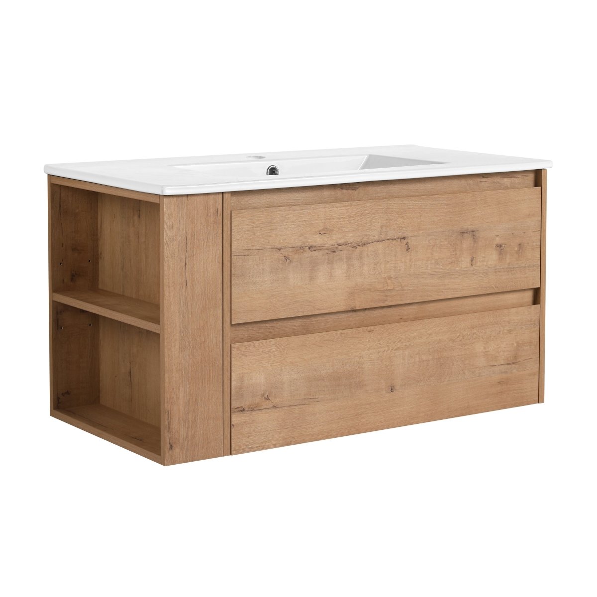 Allsumhome 36" Wall Mounting Floating Bathroom Vanity With Ceramic Sink,Imitative Oak Finish,Soft Close Drawer