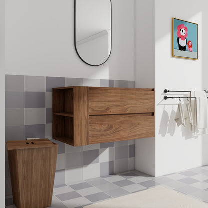 Allsumhome 36"Wall Mounting Floating Bathroom Vanity, Soft Close Drawer,Brown Oak Finish(Only Vanity,Without Basin)