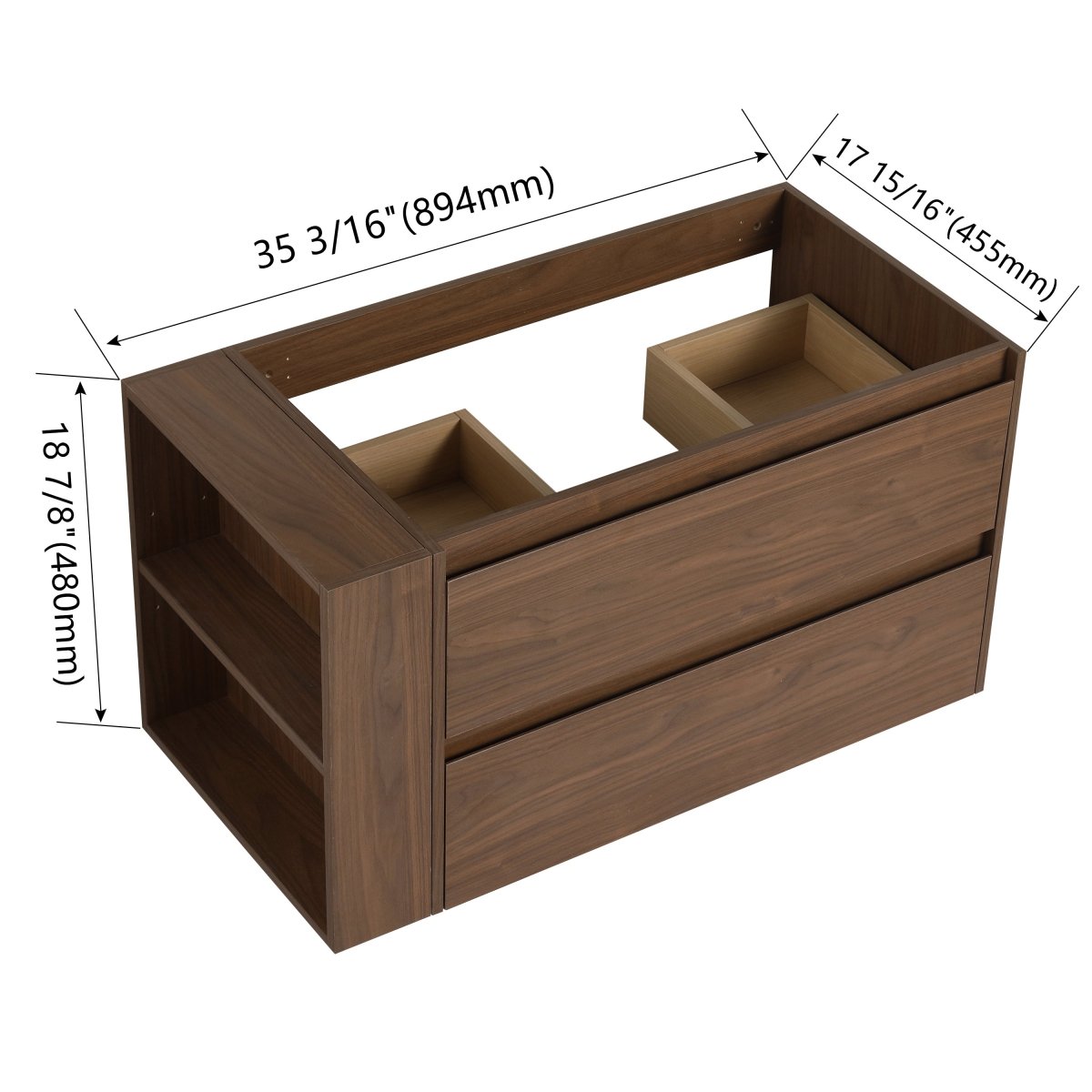 Allsumhome 36"Wall Mounting Floating Bathroom Vanity, Soft Close Drawer,Brown Oak Finish(Only Vanity,Without Basin)