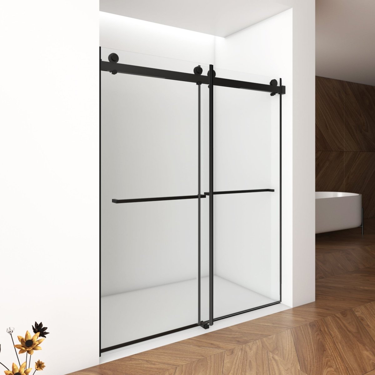 Allsumhome 56" - 60"W x 70"H Frameless Double Sliding Shower Door,8mm Laminated Glass,Tempered Glass Shower Enclosure,Matte Black Buffer