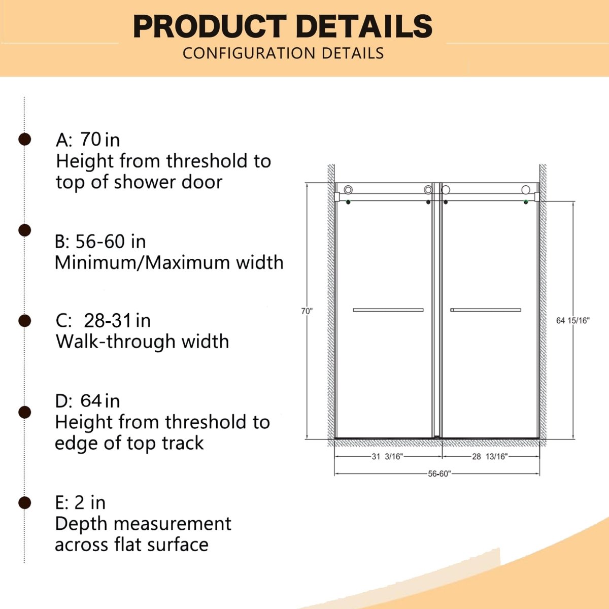 Allsumhome 56" - 60"W x 70"H Frameless Double Sliding Shower Door,8mm Laminated Glass,Tempered Glass Shower Enclosure,Matte Black Buffer