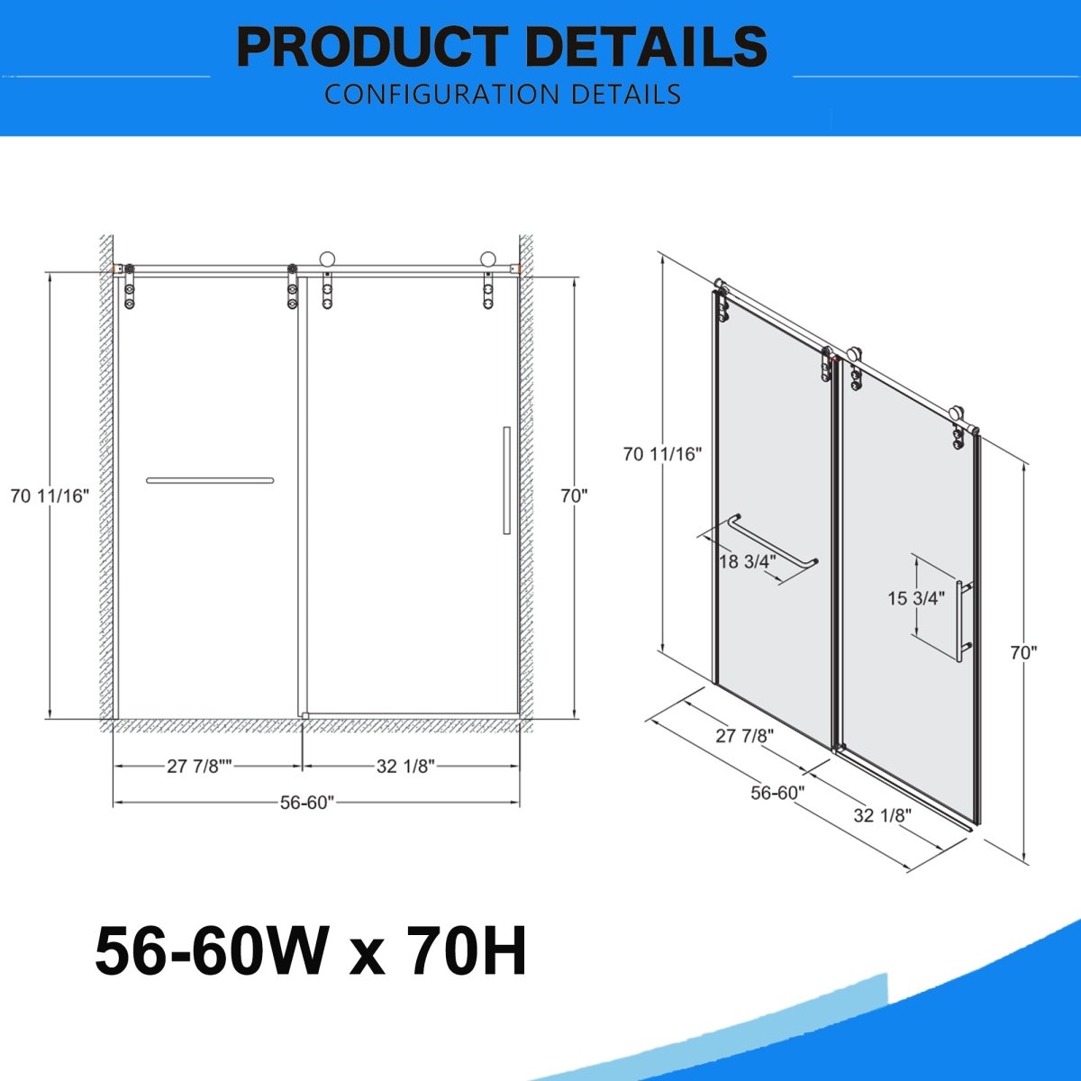 Allsumhome 56" - 60"W x 70"H Frameless Sliding Shower Door,Tempered Glass,Shower Enclosure,Double Side Easy Clean Coat,Brushed Nickel ,Buffer